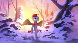 Size: 2951x1657 | Tagged: safe, artist:freeedon, derpibooru import, oc, oc:tan-dreamstiller, pegasus, pony, artificial wings, augmented, clothes, male, scarf, snow, solo, stallion, tree, wings