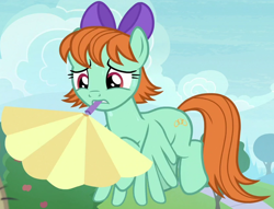 Size: 1642x1257 | Tagged: safe, derpibooru import, screencap, peppermint goldylinks, pegasus, pony, a matter of principals, background pony, bow, cropped, fan, female, flying, friendship student, mare, mouth hold, solo, sweat