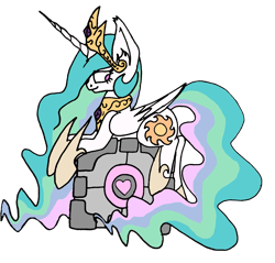 Size: 2009x1920 | Tagged: safe, artist:dragon-flash, derpibooru import, princess celestia, alicorn, pony, companion cube, female, jewelry, mare, portal (valve), regalia, simple background, solo, transparent background