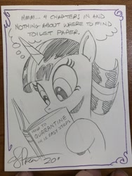 Size: 1536x2048 | Tagged: safe, artist:andypriceart, derpibooru import, twilight sparkle, pony, unicorn, book, female, mare, pencil drawing, quarantine, reading, solo, traditional art