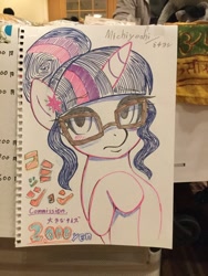 Size: 675x900 | Tagged: safe, artist:michiyoshi, derpibooru import, sci-twi, twilight sparkle, pony, unicorn, equestria girls, blushing, equestria girls ponified, female, glasses, hairpin, japanese, looking at you, raised hoof, traditional art, unicorn sci-twi