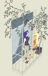 Size: 3257x5074 | Tagged: safe, artist:haibaratomoe, derpibooru import, applejack, rarity, equestria girls, balcony, blushing, clothes, female, food, lesbian, plant, rarijack, shipping, shorts, slippers, tomato, vine