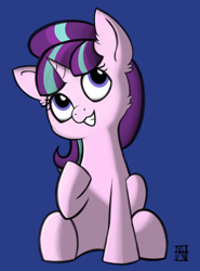 Size: 3700x5000 | Tagged: safe, artist:naen, derpibooru exclusive, derpibooru import, starlight glimmer, pony, unicorn, blue background, cute, ear fluff, glimmerbetes, grin, high res, looking up, raised hoof, s5 starlight, simple background, simple shading, sitting, smiling, solo