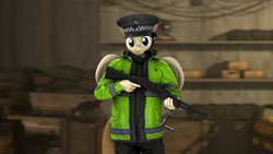 Size: 1920x1080 | Tagged: safe, artist:spinostud, derpibooru import, oc, oc:coffe, anthro, 3d, :p, box, clothes, crate, female, gun, hat, looking at you, m870, police, police hat, police officer, police uniform, sandbag, shotgun, solo, source filmmaker, tongue out, weapon