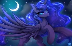 Size: 3126x2000 | Tagged: safe, artist:ask-colorsound, derpibooru import, nightmare moon, alicorn, pony, cloud, crescent moon, ethereal mane, female, flying, high res, looking at you, mare, missing accessory, moon, night, night sky, signature, sky, slit eyes, solo, spread wings, starry mane, starry night, starry tail, wavy mane, wings