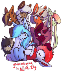 Size: 2550x2950 | Tagged: safe, artist:raya, derpibooru import, oc, oc only, oc:blackberry frost, oc:deepest apologies, oc:gray lily, oc:misfit patchwork, oc:mixtape, oc:nazir, oc:retro hearts, oc:rosalie, rayaexperimental, simple background, transparent background