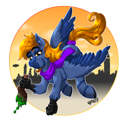 Size: 1050x1050 | Tagged: safe, artist:ghouleh, derpibooru import, oc, oc only, oc:golden heartstrings, oc:golden heartstrongs, hippogriff, hybrid, clothes, male, paint, scarf, simple background, stallion, tail wrap, transparent background, zerb