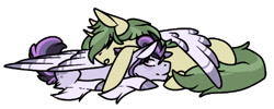 Size: 448x180 | Tagged: safe, artist:catdork, derpibooru import, oc, pegasus, pony, unicorn, blushing, cuddling, cute, gay, male, pillow, sleeping, wing blanket, wings