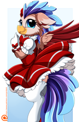 Size: 2343x3595 | Tagged: safe, artist:pridark, derpibooru import, oc, oc only, hippogriff, anime, cardcaptor sakura, clothes, cosplay, costume, crossdressing, crossover, cute, high res, hippogriff oc, male, patreon, patreon logo, patreon reward, pretty, solo