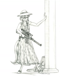 Size: 1100x1407 | Tagged: safe, artist:baron engel, derpibooru import, coco pommel, anthro, earth pony, unguligrade anthro, female, gun, mare, monochrome, pencil drawing, solo, story included, traditional art, vss vintorez, weapon