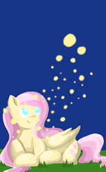 Size: 1600x2600 | Tagged: safe, artist:wimple, derpibooru import, fluttershy, firefly (insect), insect, pegasus, pony, female, grass, mare, night, smiling