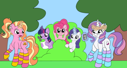 Size: 4678x2481 | Tagged: safe, artist:appleneedle, artist:icey-wicey-1517, color edit, derpibooru import, edit, luster dawn, pinkie pie, potion nova, rarity, twilight sparkle, twilight sparkle (alicorn), alicorn, earth pony, pony, unicorn, collaboration, my little pony: pony life, binoculars, bush, clothes, colored, ear piercing, earring, female, glowing horn, grass, hiding, horn, jewelry, lesbian, levitation, lusternova, magic, mare, nose piercing, open mouth, paper, pencil, piercing, raised hoof, shipper on deck, shipper pie, shipperity, shipping, socks, spying, striped socks, tape recorder, telekinesis, tree