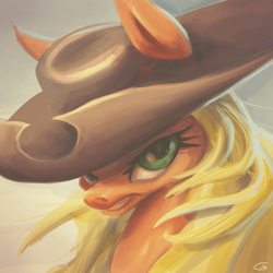 Size: 864x864 | Tagged: safe, artist:typicalgib, derpibooru import, applejack, earth pony, pony, alternate hairstyle, applejack's hat, bust, cowboy hat, female, hat, mare, solo