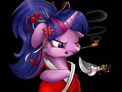 Size: 680x510 | Tagged: safe, artist:zebra10045, derpibooru import, twilight sparkle, hairpin, japanese, knife, magic, ponytail, scar, solo