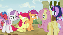 Size: 1920x1080 | Tagged: safe, derpibooru import, screencap, apple bloom, biscuit, fluttershy, scootaloo, sweetie belle, twilight sparkle, twilight sparkle (alicorn), alicorn, pegasus, pony, growing up is hard to do, bag, cutie mark crusaders, flower, older, saddle bag, wishing flower