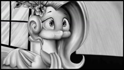 Size: 1280x720 | Tagged: safe, artist:zebra10045, derpibooru import, fluttershy, pegasus, pony, make new friends but keep discord, :i, black and white, funny face, grayscale, monochrome, scene interpretation, solo, we bought two cakes