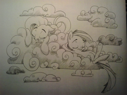 Size: 2048x1536 | Tagged: safe, artist:typicalgib, derpibooru import, fluttershy, rainbow dash, pegasus, pony, cloud, comfy, duo, eyes closed, female, lying on a cloud, mare, monochrome, on a cloud, relaxing, traditional art