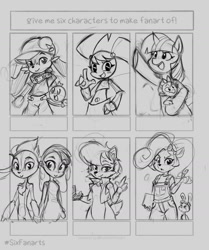 Size: 1206x1440 | Tagged: safe, derpibooru import, spike, twilight sparkle, anthro, dragon, pony, squirrel, unicorn, anthro with ponies, clothes, coco bandicoot, collar, crash bandicoot, crossover, daxter, female, goggles, grayscale, jenny wakeman, klonoa, lineart, male, mare, monochrome, mune: guardian of the moon, my life as a teenage robot, overalls, raised hoof, sally acorn, six fanarts, sonic the hedgehog (series), wip