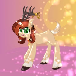 Size: 1024x1024 | Tagged: safe, artist:kiwwsplash, derpibooru import, oc, oc only, deer, deer pony, original species, pony, abstract background, antlers, eye clipping through hair, open mouth, smiling, solo, unshorn fetlocks