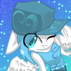 Size: 1024x1024 | Tagged: safe, artist:kiwwsplash, derpibooru import, oc, oc only, anthro, pegasus, abstract background, clothes, female, hat, one eye closed, pegasus oc, solo, wings, wink