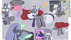 Size: 2275x1304 | Tagged: safe, artist:another_pony, derpibooru import, cozy glow, princess twilight 2.0, twilight sparkle, twilight sparkle (alicorn), oc, oc:grey acolyte, alicorn, earth pony, pony, unicorn, the last problem, bust, cape, clothes, dialogue, earth pony oc, horn, levitation, magic, portrait, red cape, speech bubble, telekinesis, unicorn oc, windswept mane, writing