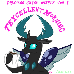 Size: 1000x1000 | Tagged: safe, artist:alilunaa, derpibooru import, thorax, oc, oc:princess chase, changedling, changeling, coffee, king thorax, male, simple background, solo, texcellent morning, transparent background