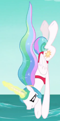 Size: 1136x2271 | Tagged: safe, derpibooru import, screencap, princess celestia, alicorn, pony, between dark and dawn, alternate hairstyle, barehoof, bubble, clothes, cropped, cute, diving, female, folded wings, magic, mare, ponytail, smiling, solo, swimsuit, tail bun, telekinesis, wings