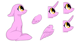 Size: 1920x1071 | Tagged: safe, artist:intfighter, derpibooru import, oc, oc only, earth pony, pony, bald, earth pony oc, floppy ears, horn, looking up, simple background, sitting, smiling, transparent background, wings