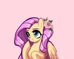 Size: 1511x1207 | Tagged: safe, artist:mari29511905, artist:marichan29, derpibooru import, fluttershy, pegasus, pony, colored pupils, cute, female, flower, flower in hair, mare, pink background, shyabetes, simple background, solo