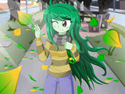 Size: 2212x1676 | Tagged: safe, artist:oshitsukiryuu, derpibooru import, wallflower blush, equestria girls, autumn, blushing, clothes, cute, female, flowerbetes, leaves, one eye closed, scarf, solo, wallflower and plants, wind, windswept hair