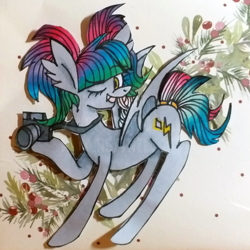 Size: 1398x1398 | Tagged: safe, artist:twilightcomet, derpibooru import, oc, oc only, oc:flicker flash, bat pony, pony, bat pony oc, bat wings, camera, female, mare, one eye closed, smiling, solo, traditional art, wings, wink