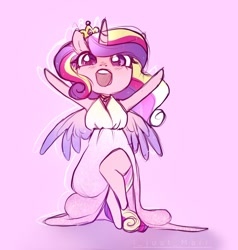 Size: 1028x1080 | Tagged: safe, artist:marichan29, derpibooru import, princess cadance, alicorn, anthro, unguligrade anthro, clothes, crown, cute, cutedance, dress, jewelry, looking at you, open mouth, pink background, regalia, simple background, solo