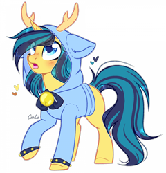 Size: 1920x2002 | Tagged: safe, artist:lazuli, derpibooru import, oc, oc only, pony, unicorn, :o, antlers, blushing, clothes, commission, costume, heart, hoodie, horn, kigurumi, looking up, open mouth, raised hoof, simple background, solo, surprised, transparent background, unicorn oc, ych result