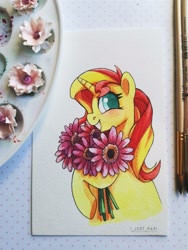 Size: 1620x2160 | Tagged: safe, artist:marichan29, derpibooru import, sunset shimmer, pony, unicorn, colored pupils, cute, female, flower, mare, paintbrush, profile, shimmerbetes, smiling, solo, traditional art, watercolor painting