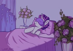 Size: 2048x1431 | Tagged: safe, artist:marichan29, derpibooru import, rarity, pony, unicorn, bed, bouquet, female, flower, hair curlers, mare, on bed, pillow, sleep mask, sleeping, solo, vase