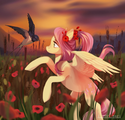 Size: 1920x1847 | Tagged: safe, artist:marichan29, derpibooru import, fluttershy, bird, pegasus, pony, alternate hairstyle, female, flower, flower in hair, food, looking at each other, looking at someone, mare, outdoors, poppy, profile, rearing, smiling, solo, spread wings, sunset, swallow (bird), wheat, wings