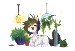 Size: 2542x1715 | Tagged: safe, artist:xvaleox, derpibooru import, oc, oc only, oc:mono, earth pony, firefly (insect), insect, pony, cactus, cute, eyes closed, flower, happy, lamp, open mouth, plant pot, potted plant, simple background, solo, transparent background