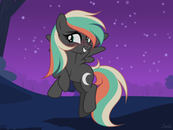 Size: 2824x2123 | Tagged: safe, artist:lazuli, derpibooru import, oc, oc only, pegasus, pony, blushing, female, flying, freckles, mare, night, outdoors, pegasus oc, smiling, solo, stars, tree, wings