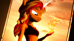 Size: 1920x1080 | Tagged: safe, artist:backmaker, derpibooru import, sunset shimmer, anthro, unicorn, 3d, clothes, fiery shimmer, fire, magic, pyromancy, source filmmaker