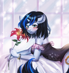 Size: 2552x2700 | Tagged: safe, artist:melfy, derpibooru import, oc, oc only, oc:mirror image, anthro, unicorn, blushing, female, flower, horn, solo