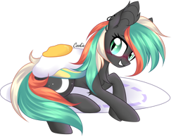 Size: 2776x2160 | Tagged: safe, artist:lazuli, derpibooru import, oc, oc only, bat pony, pony, base used, bat ponified, bat pony oc, bat wings, blushing, commission, ear piercing, earring, egg, female, grin, jewelry, lying down, mare, micro, piercing, plate, race swap, simple background, smiling, solo, transparent background, wings, ych result