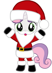 Size: 743x1024 | Tagged: artist needed, safe, derpibooru import, sweetie belle, pony, unicorn, belt, bipedal, boots, christmas, clothes, costume, fake beard, female, filly, hat, holiday, horn, looking at you, open mouth, santa beard, santa claus, santa costume, santa hat, shoes, simple background, solo, sweetie claus, transparent background, vector