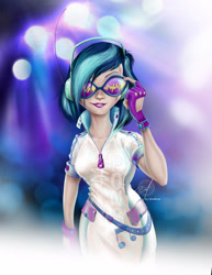 Size: 1274x1650 | Tagged: safe, artist:chombeau, derpibooru import, dj pon-3, vinyl scratch, human, equestria girls, abstract background, female, humanized, signature, smiling, solo