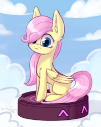 Size: 1024x1280 | Tagged: safe, artist:dsp2003, fluttershy, pegasus, pony, 2018, ^^, a hat in time, cloud, cloudsdale, crossover, cute, dsp2003 is trying to murder us, ear fluff, female, filly, filly fluttershy, roomba, roombashy, rumbi, shyabetes, signature, smiling, solo, younger