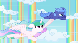 Size: 6064x3383 | Tagged: safe, artist:pumpkinpieforlife, derpibooru import, princess celestia, princess luna, alicorn, pony, cloud, cute, female, filly, flying, lunabetes, rainbow waterfall, vector, woona, younger