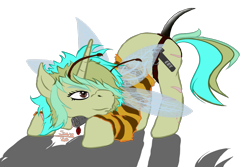 Size: 1200x800 | Tagged: safe, artist:scoundrel scaramouche, derpibooru import, oc, oc:piper, bee, insect, pony, unicorn, female, mare, mwah, png