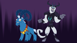 Size: 5360x3008 | Tagged: safe, artist:andoanimalia, derpibooru import, grogar, storm king, goat, sheep, yeti, my little pony: the movie, angry, antagonist, armor, beard, beast, claws, clenched fist, cloven hooves, collar, crown, dark background, eyebrows, facial hair, fangs, horns, jewelry, looking at you, male, pointing, ram, regalia, snarling, storm king's emblem, tail