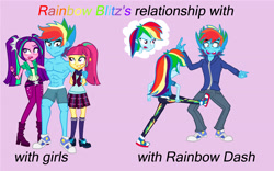 Size: 4962x3087 | Tagged: safe, artist:urhangrzerg, derpibooru import, aria blaze, rainbow blitz, rainbow dash, sour sweet, equestria girls, equestria guys, female, groin attack, kick, male, meme, rule 63