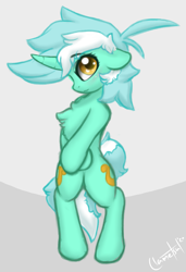 Size: 2409x3517 | Tagged: safe, artist:llametsul, derpibooru import, lyra heartstrings, pony, unicorn, blushing, both cutie marks, chest fluff, crossed arms, cute, cutie mark, female, floppy ears, fluffy mane, horn, looking at you, lyrabetes, mare, pose, shy, signature, simple background, smiling, solo, standing