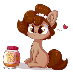 Size: 1591x1681 | Tagged: safe, artist:dsp2003, artist:tjpones, oc, oc only, oc:brownie bun, earth pony, pony, collaboration, 2018, blushing, colored, cute, female, food, heart, mare, ocbetes, peanut butter, simple background, smiling, solo, transparent background